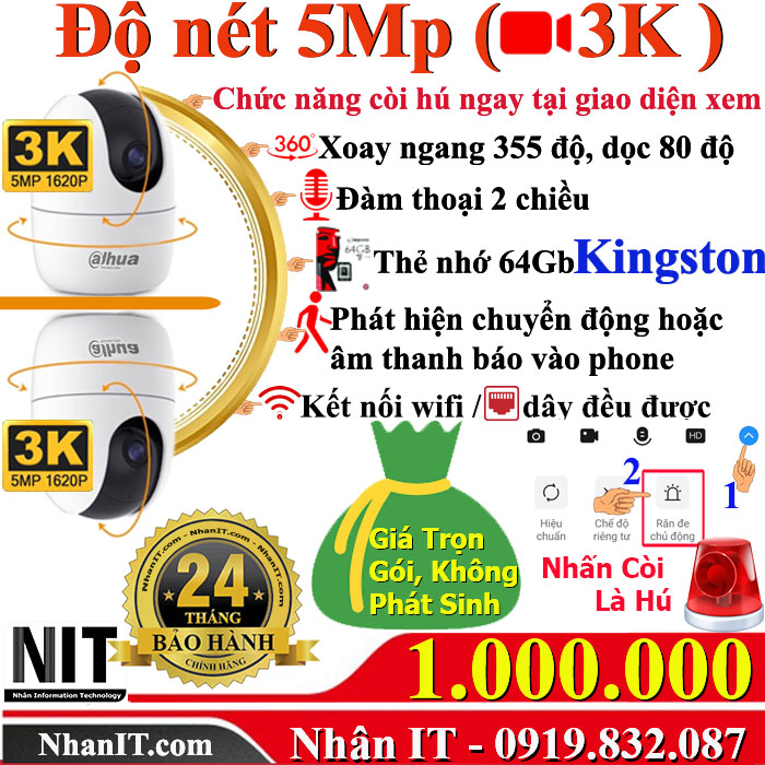 Cam Dahua 5Mp, xoay, đàm thoại 2 chiều...