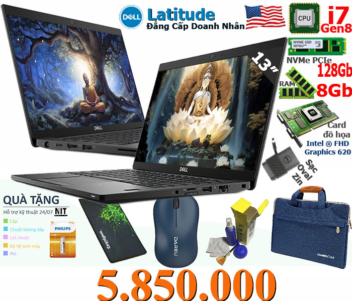 Dell Mỹ: i7 Gen 8 - Ram 8Gb - M2 128 - LCD 13inch