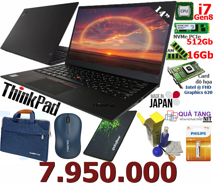 ThinkPad Nhật: i7 Gen 8 - Ram 16Gb - M2 512LCD 14inch
